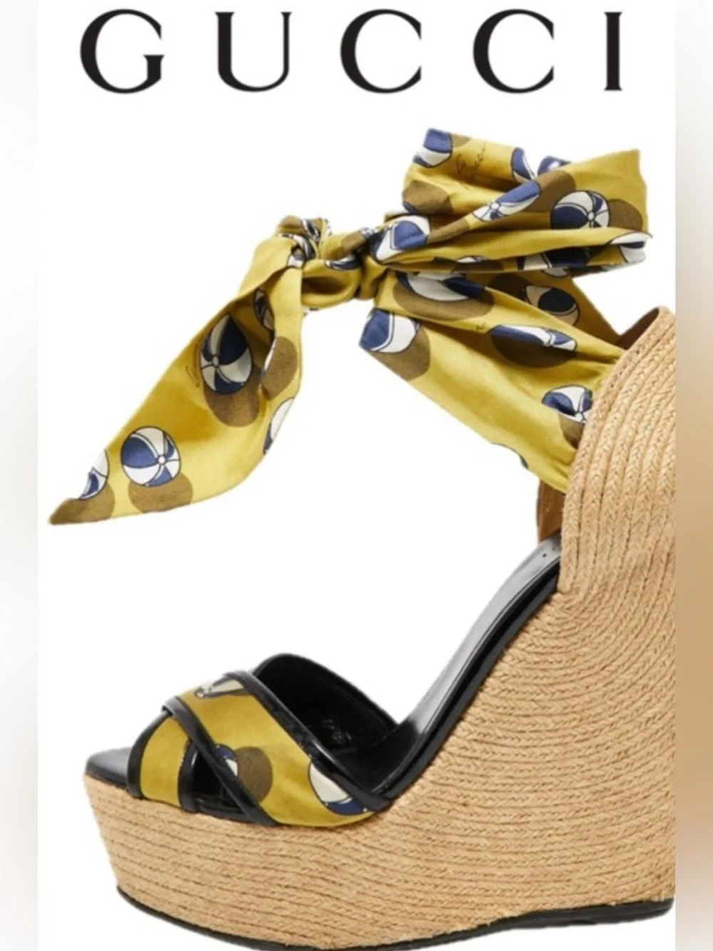 Gucci espadrille platform wedge sandals with silk scarf ankle ties